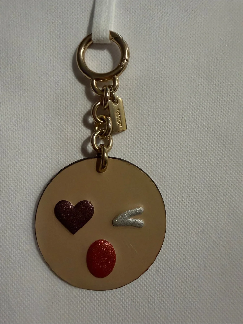 Coach Beige Leather Emoji Key Fob with Glitter Accents